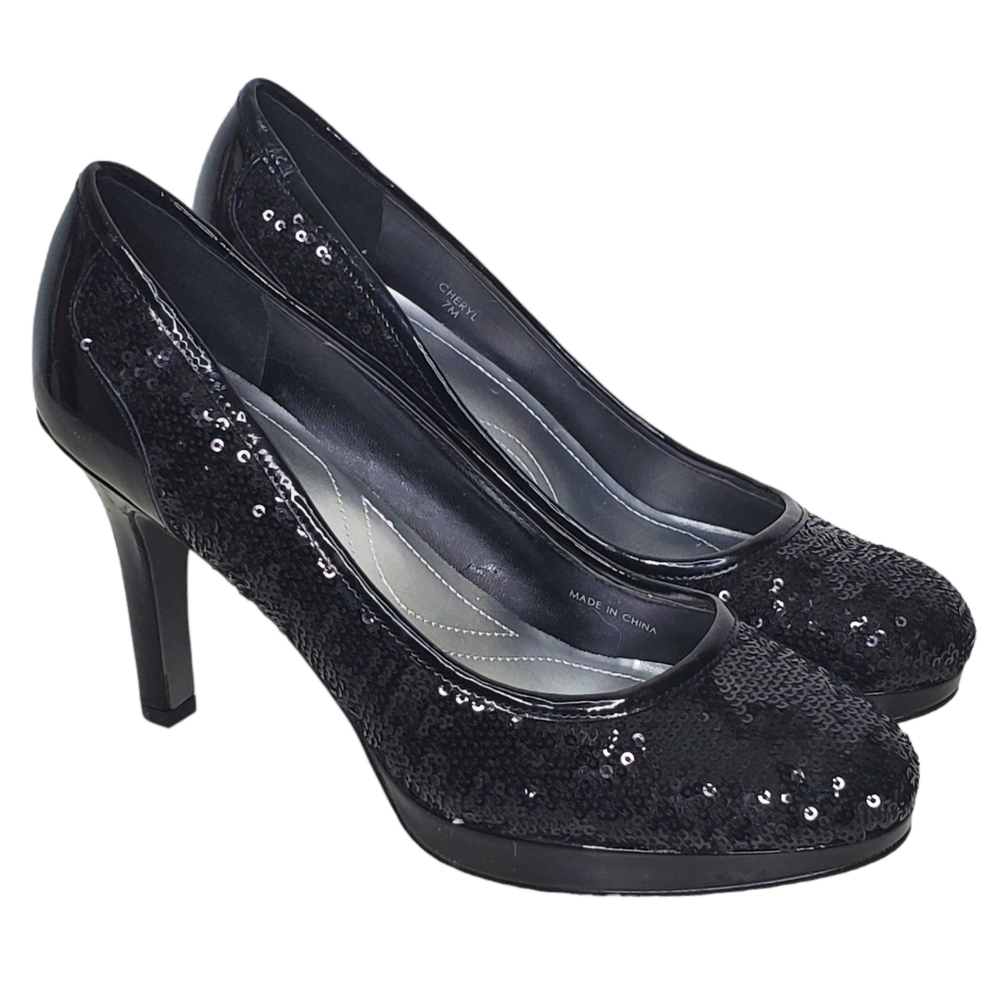 TAHARI Cheryl Black Patent and Sequin Platform Pump Heels Sz 7